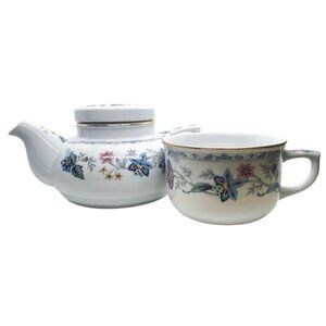 Andrea By Sadek Floral Teapot & Cup Set Porcelain Gold Trim Butterfly Design